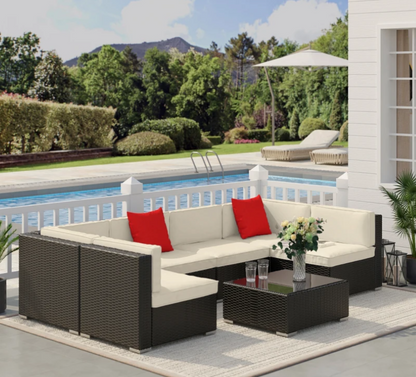 Outsunny 7 Piece Blue Patio Wicker Sectional Rattan Furniture Set