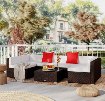 Outsunny 7 Piece Blue Patio Wicker Sectional Rattan Furniture Set