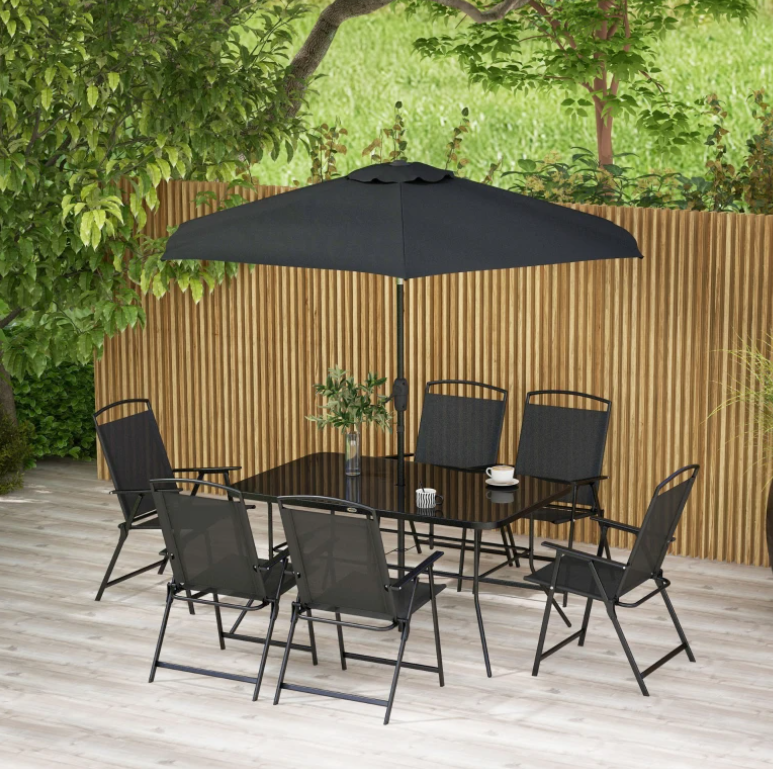 8-Piece Patio Dining Set with Umbrella and Folding Chairs