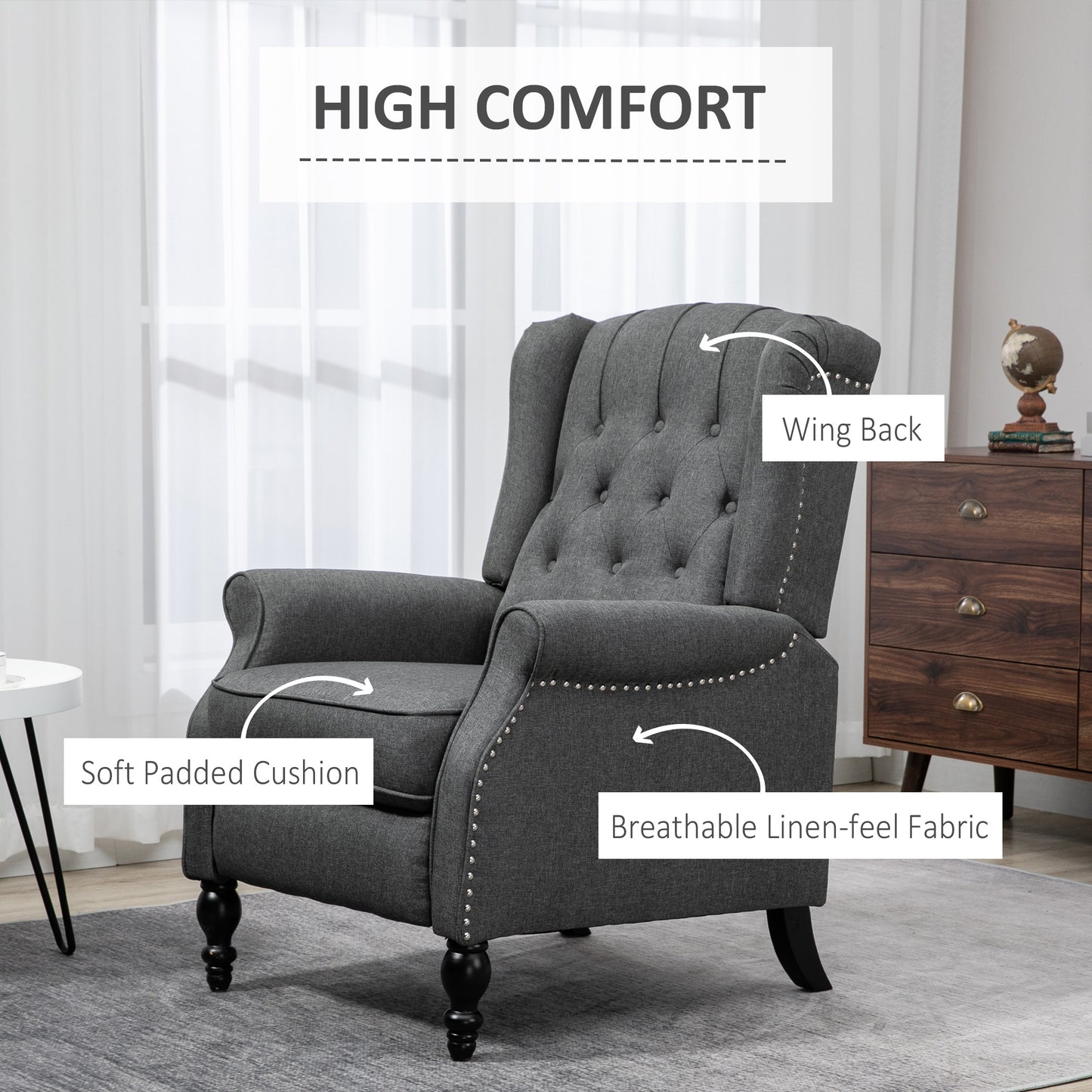 HOMCOM Dark Grey Wingback Push-Back Recliner Chair with Footrest, Tufted Fabric Armchair