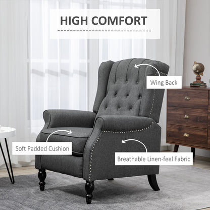 HOMCOM Dark Grey Wingback Push-Back Recliner Chair with Footrest, Tufted Fabric Armchair