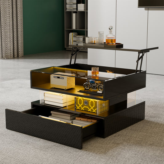 Modern High-Gloss Lift-Top Coffee Table with LED Lighting and Storage