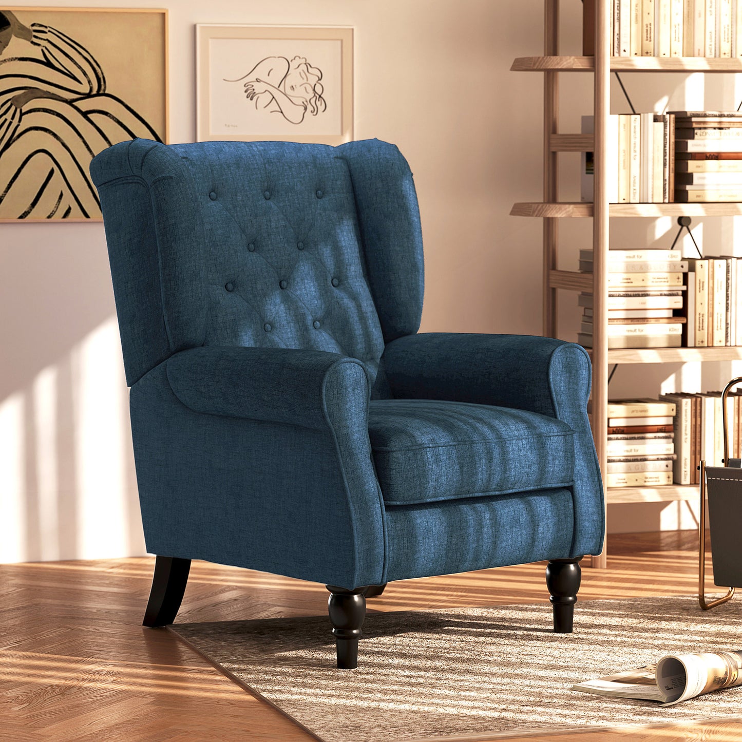 HOMCOM Blue Button Tufted Wingback Accent Chair, Rolled Arms, Wood Legs
