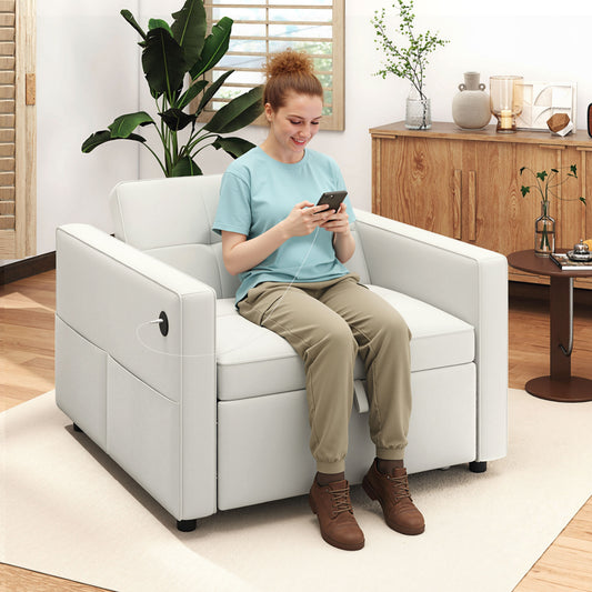 HOMCOM Modern Velvet Convertible Sleeper Chair Bed with USB & Adjustable Backrest