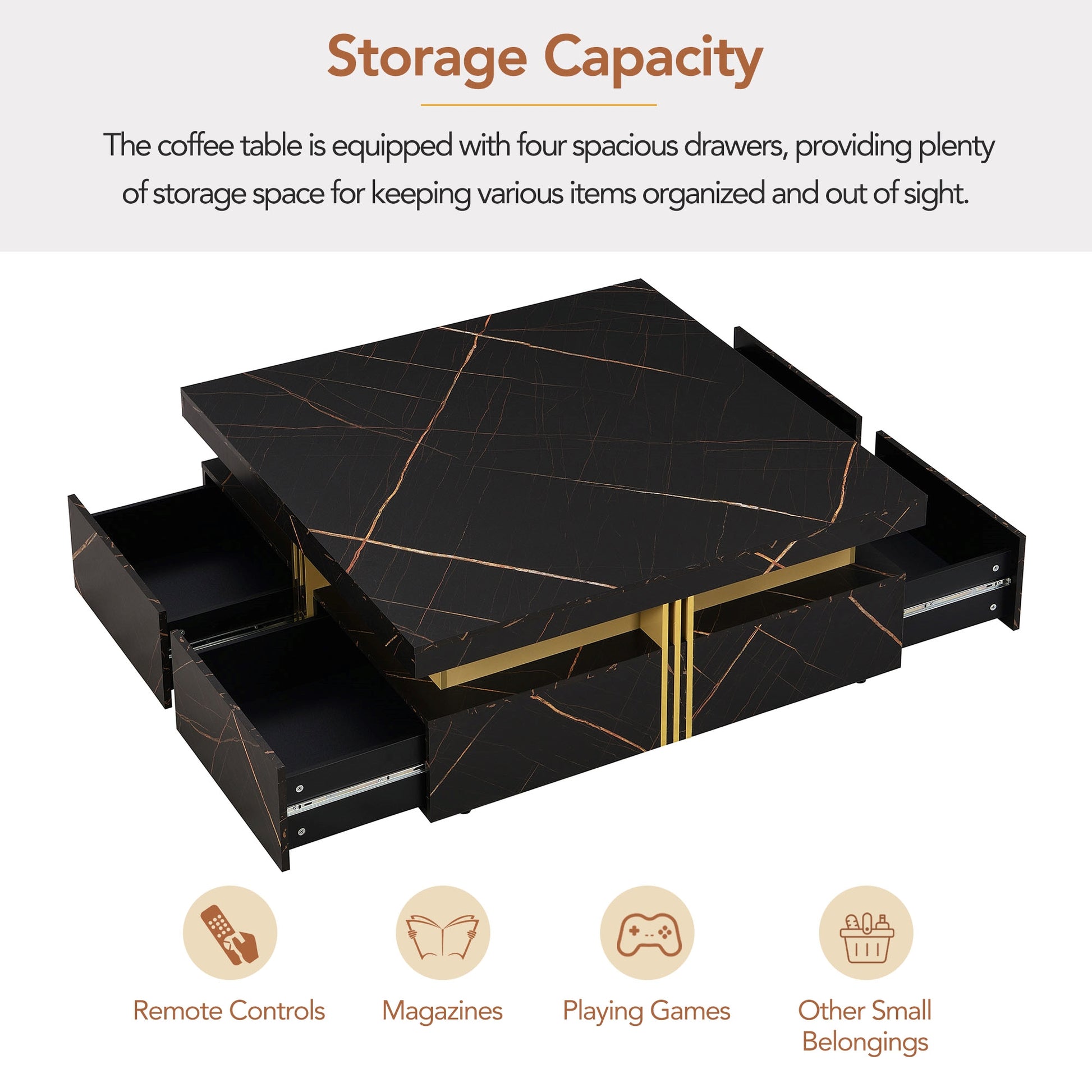 Elegant Black & Gold Modern Square Storage Coffee Table with 4 Drawers