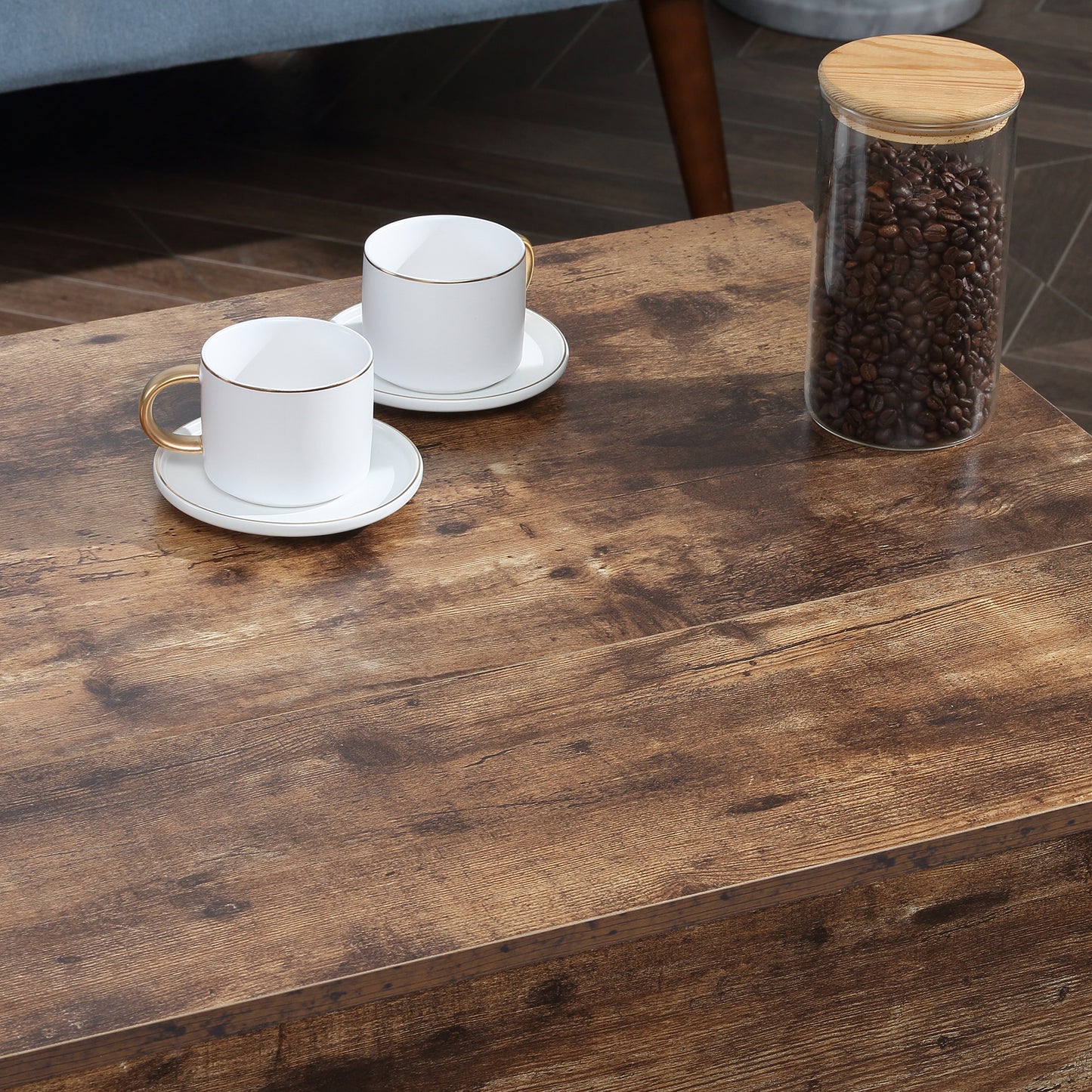 Modern Rustic Brown Lift Top Coffee Table with Hidden Storage, Adjustable Height