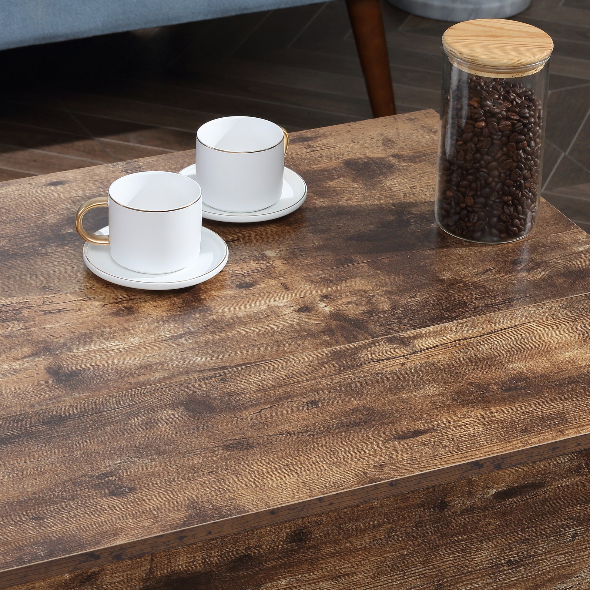 Modern Rustic Brown Lift Top Coffee Table with Hidden Storage, Adjustable Height