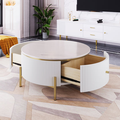 Modern Round Coffee Table with 2 Drawers, MDF, Gold Legs, White & Gold