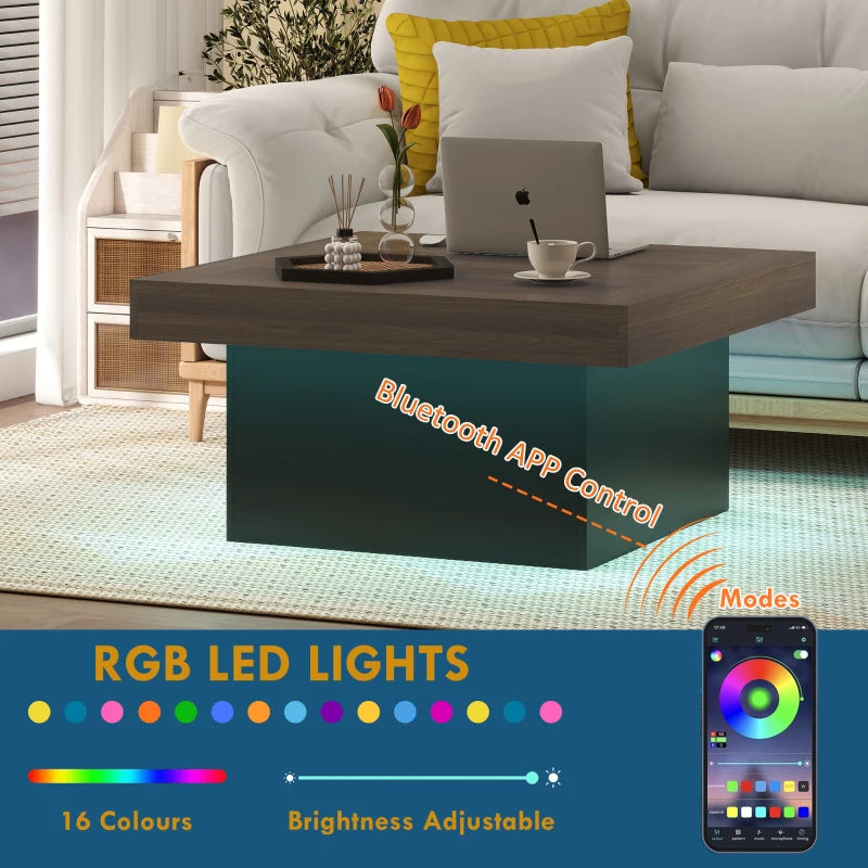 35-inch Modern Square Coffee Table with 16-Color LED Lights, Walnut