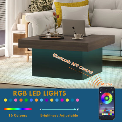 35-inch Modern Square Coffee Table with 16-Color LED Lights, Walnut