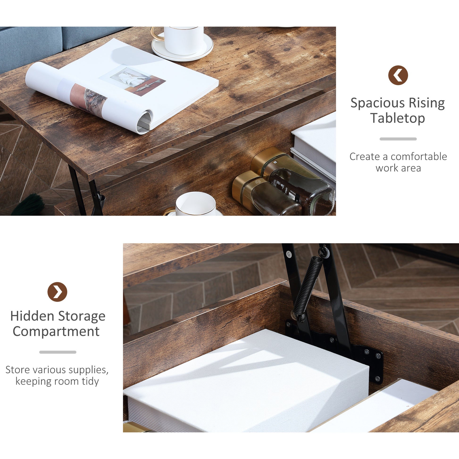 Modern Rustic Brown Lift Top Coffee Table with Hidden Storage, Adjustable Height