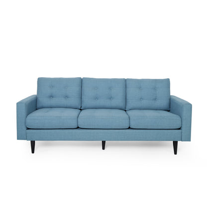 Elegant Blue 3-Seater Sofa, Button Tufted Waffle Stitch, Solid Rubberwood Legs