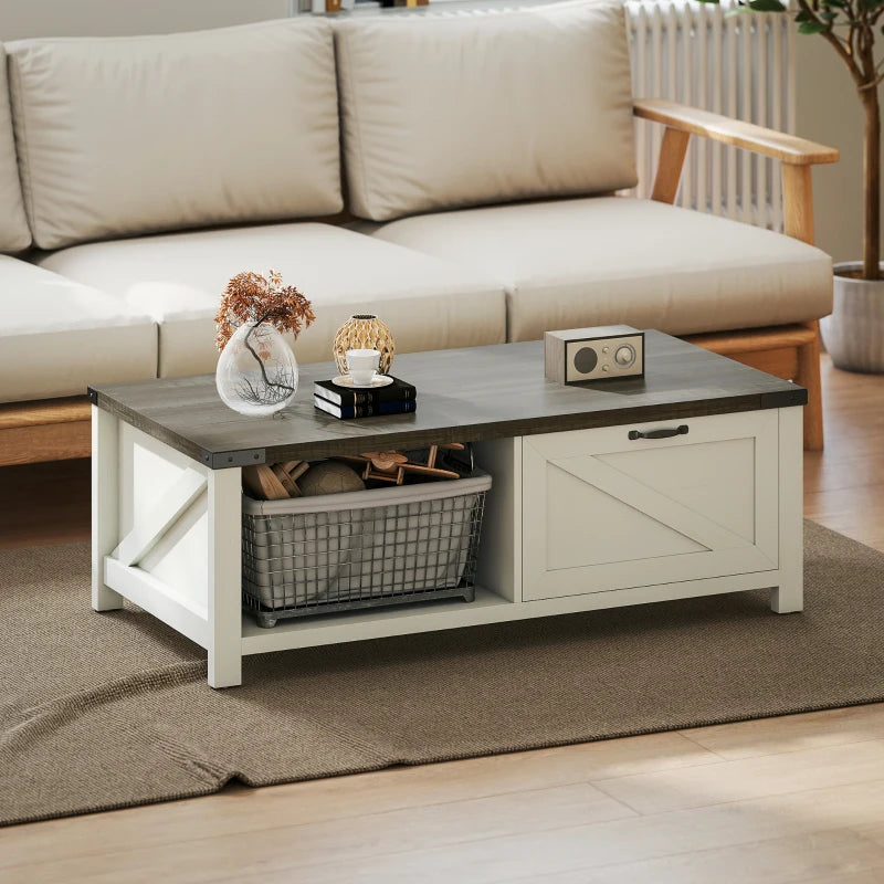 Farmhouse Grey Coffee Table with Drawer & Storage Shelf