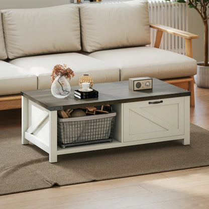 Farmhouse Grey Coffee Table with Drawer & Storage Shelf