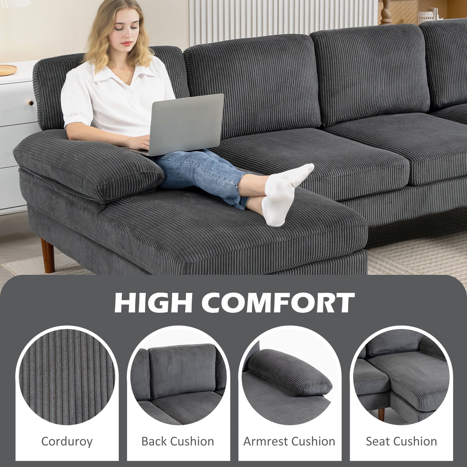 HOMCOM U-Shape 4-Seater Sofa with Dual Chaises, Sturdy Wood Legs