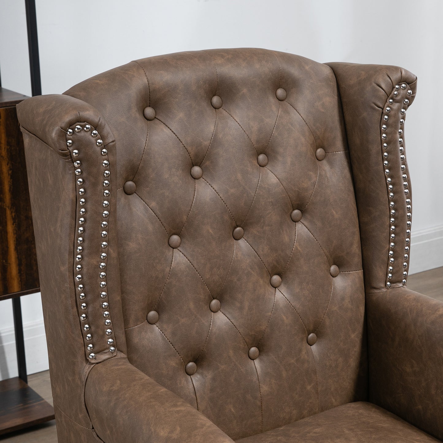 HOMCOM Brown Tufted Chesterfield Lounge Armchair, Faux Leather, Solid Wood Legs