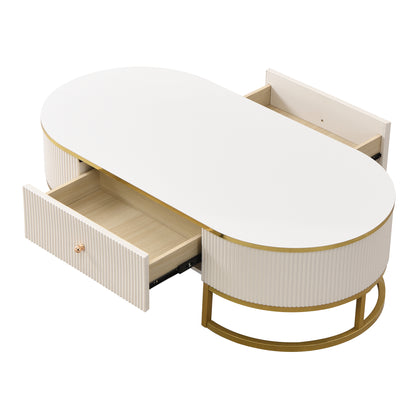 Modern High-Gloss Oval Coffee Table with Storage Drawers, Gold Metal Base, White Finish