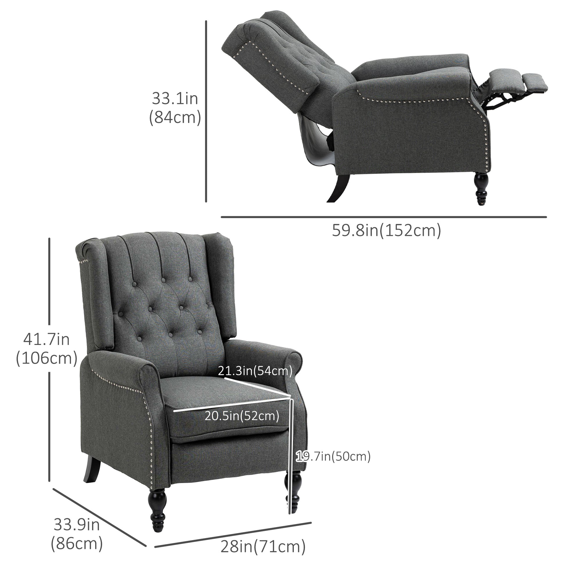 HOMCOM Dark Grey Wingback Push-Back Recliner Chair with Footrest, Tufted Fabric Armchair