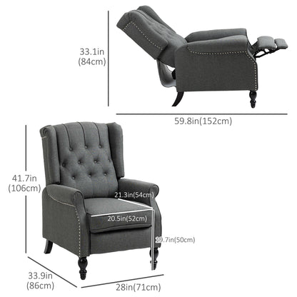 HOMCOM Dark Grey Wingback Push-Back Recliner Chair with Footrest, Tufted Fabric Armchair