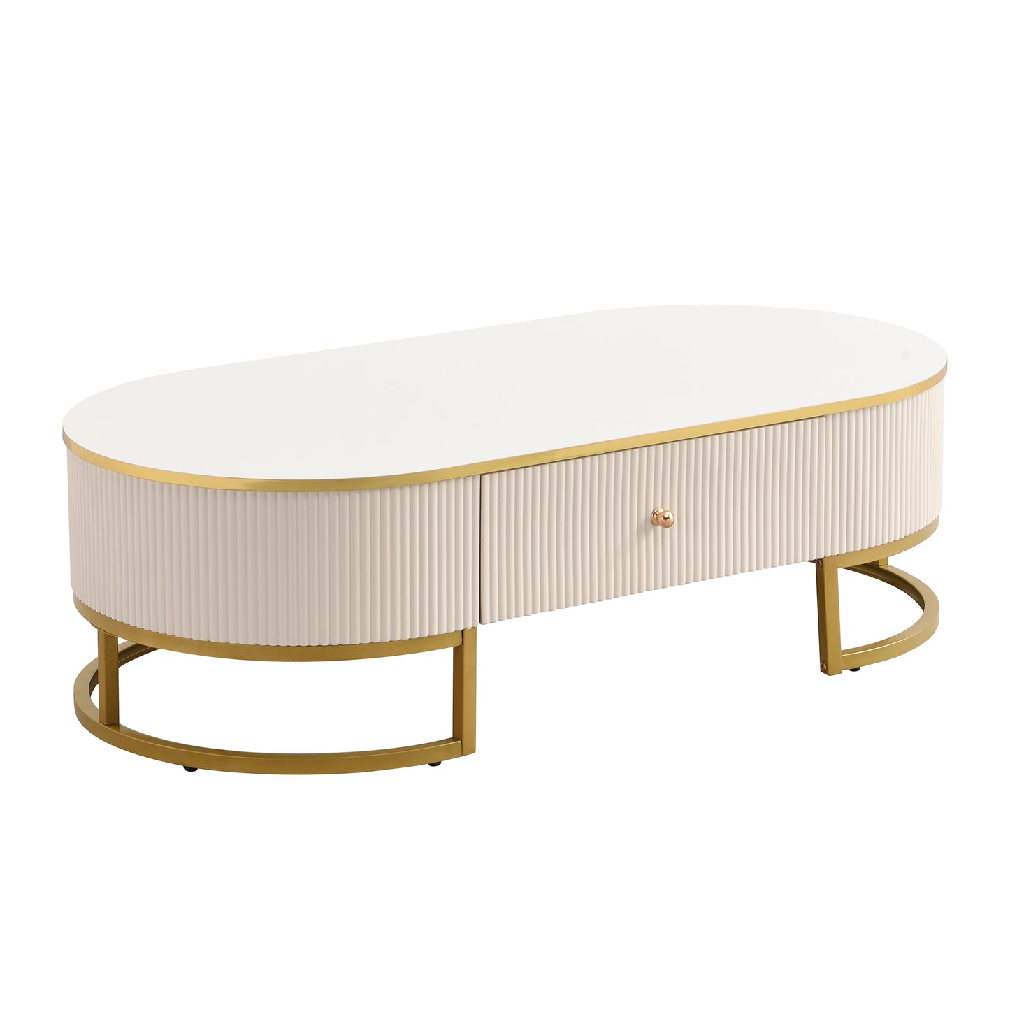 Modern High-Gloss Oval Coffee Table with Storage Drawers, Gold Metal Base, White Finish