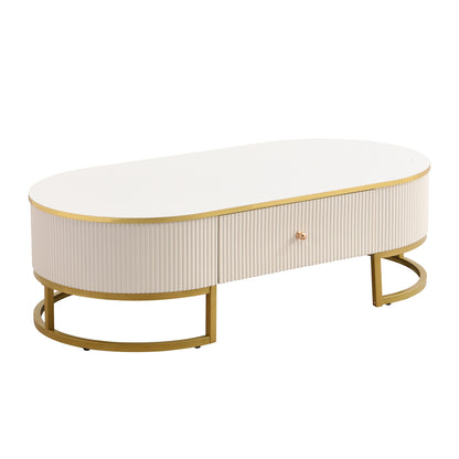 Modern High-Gloss Oval Coffee Table with Storage Drawers, Gold Metal Base, White Finish