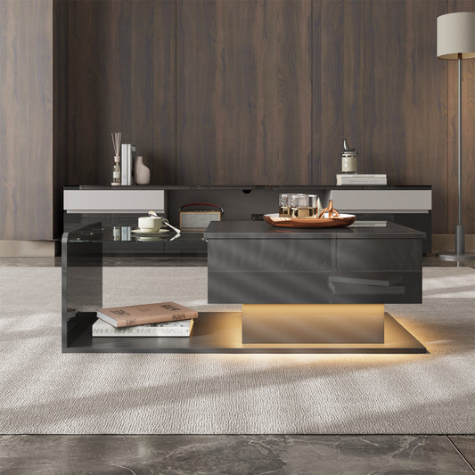 Modern High-Gloss Black Coffee Table with Tempered Glass LED Lighting and Storage