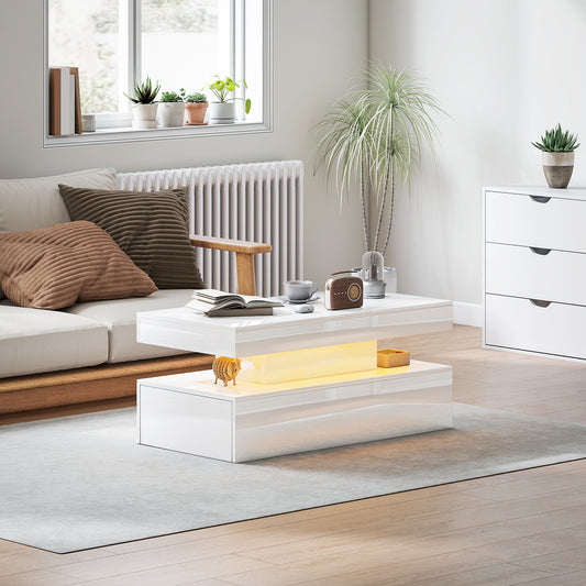 HOMCOM Modern White Gloss LED Coffee Table, Double Drawers, Open Shelf