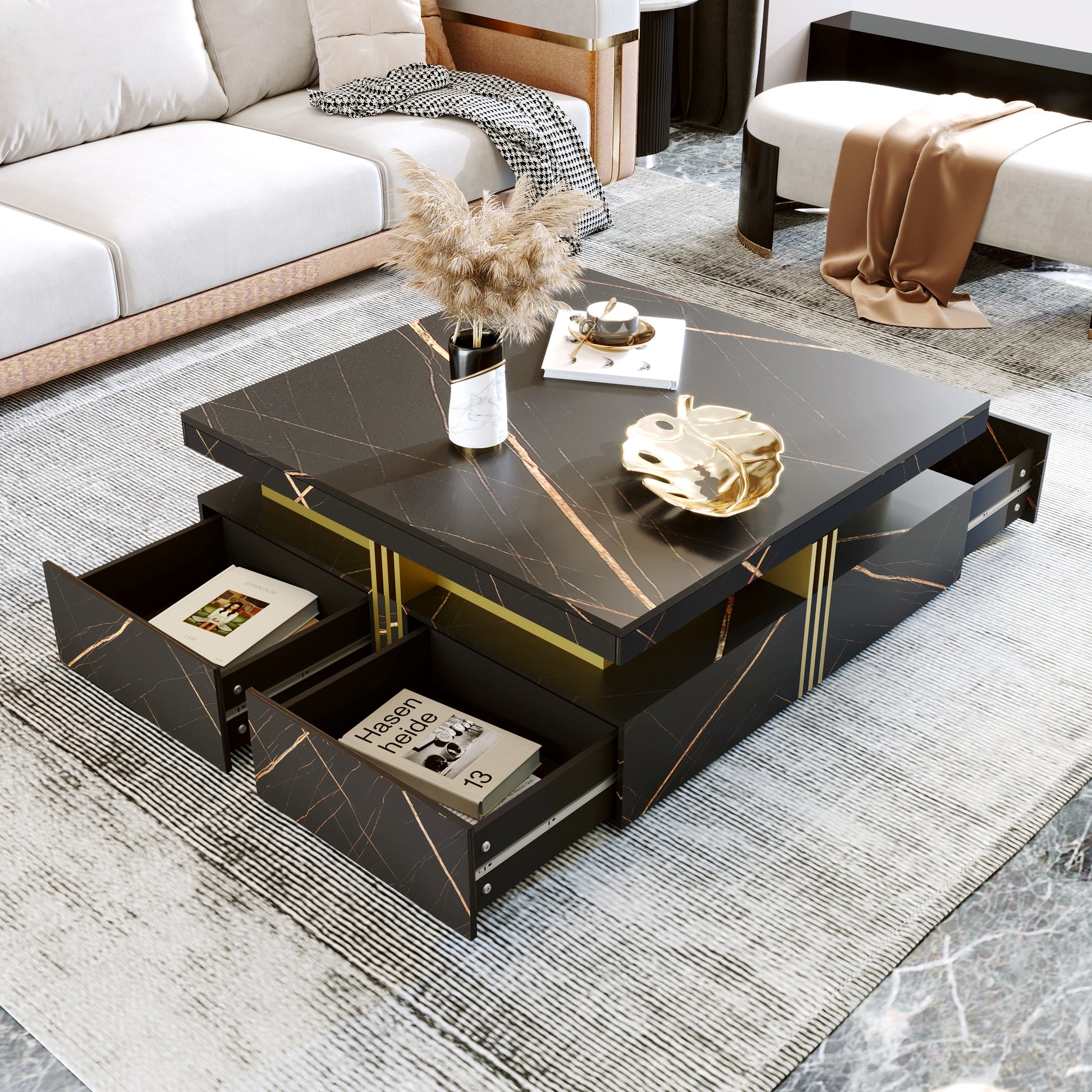 Elegant Black & Gold Modern Square Storage Coffee Table with 4 Drawers