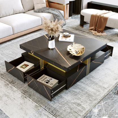 Elegant Black & Gold Modern Square Storage Coffee Table with 4 Drawers