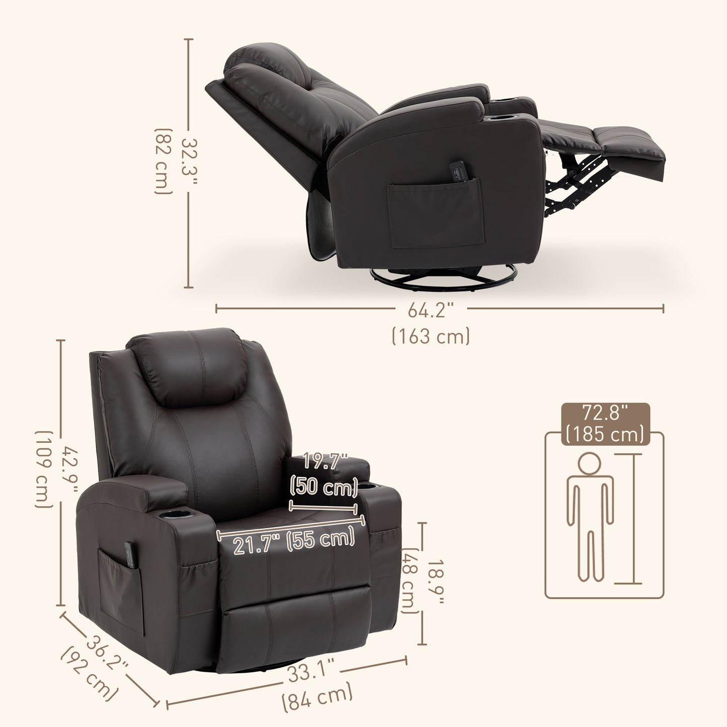 Luxurious Faux Leather Massage Recliner Chair with Swivel, Cup Holders, Remote