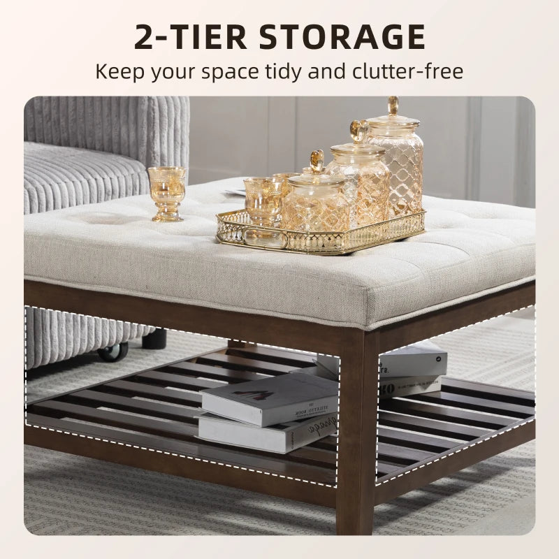 32-inch Square Linen Ottoman Coffee Table with Storage, Beige