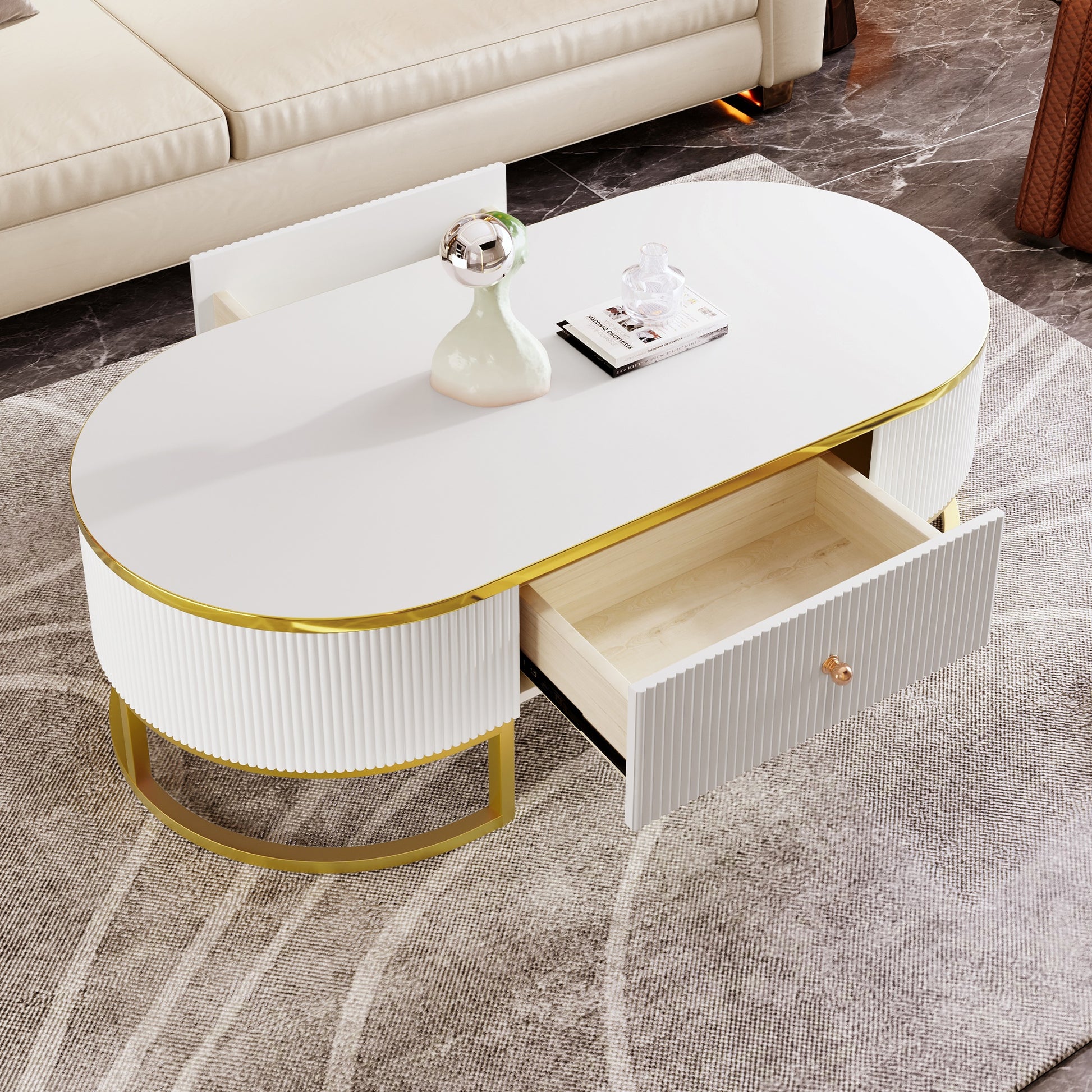 Modern High-Gloss Oval Coffee Table with Storage Drawers, Gold Metal Base, White Finish