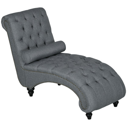 HOMCOM Grey Button Tufted Chaise Lounge Chair with Bolster Pillow Wood Legs