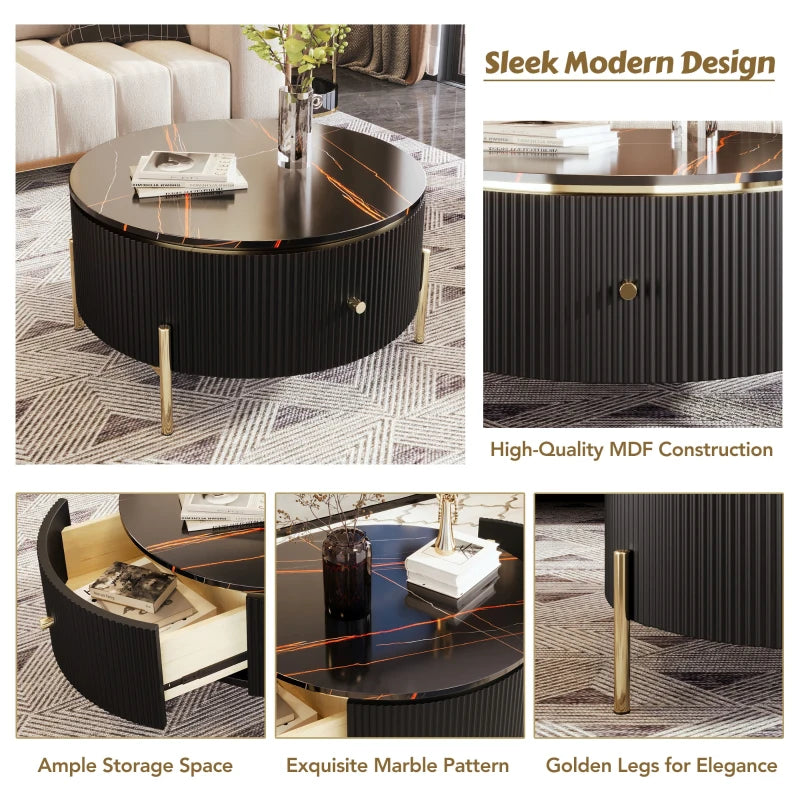 Modern Round Coffee Table with 2 Drawers, MDF, Gold Legs, White & Gold