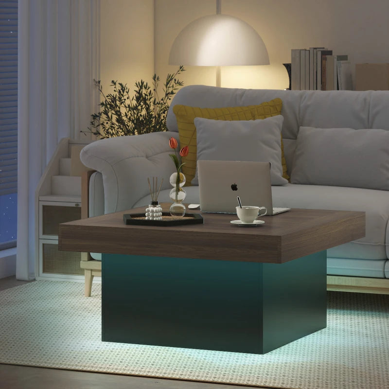 35-inch Modern Square Coffee Table with 16-Color LED Lights, Walnut