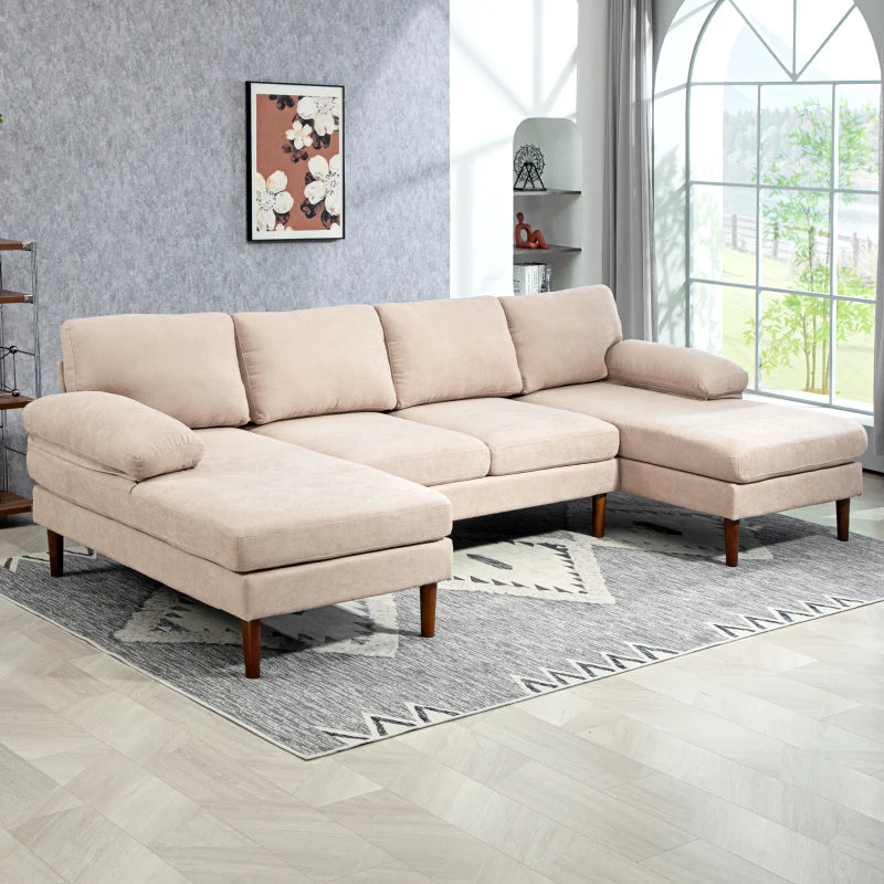 U-Shape 4-Seater Sofa with Dual Chaises, Sturdy Wood Legs
