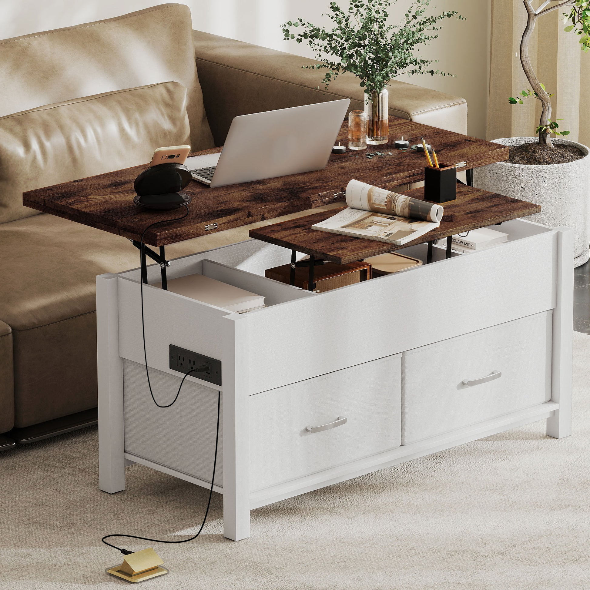 HOMCOM Lift Top Coffee Table with Charging, Hidden Storage, Fabric Drawers