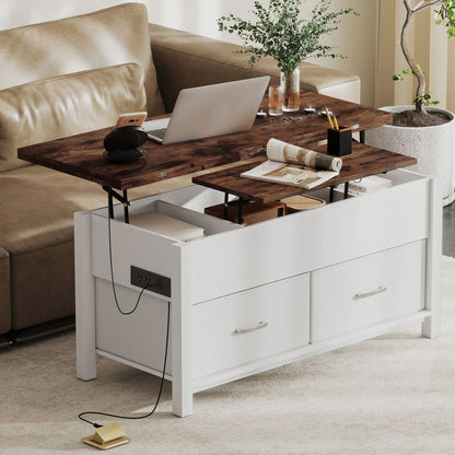 HOMCOM Lift Top Coffee Table with Charging, Hidden Storage, Fabric Drawers