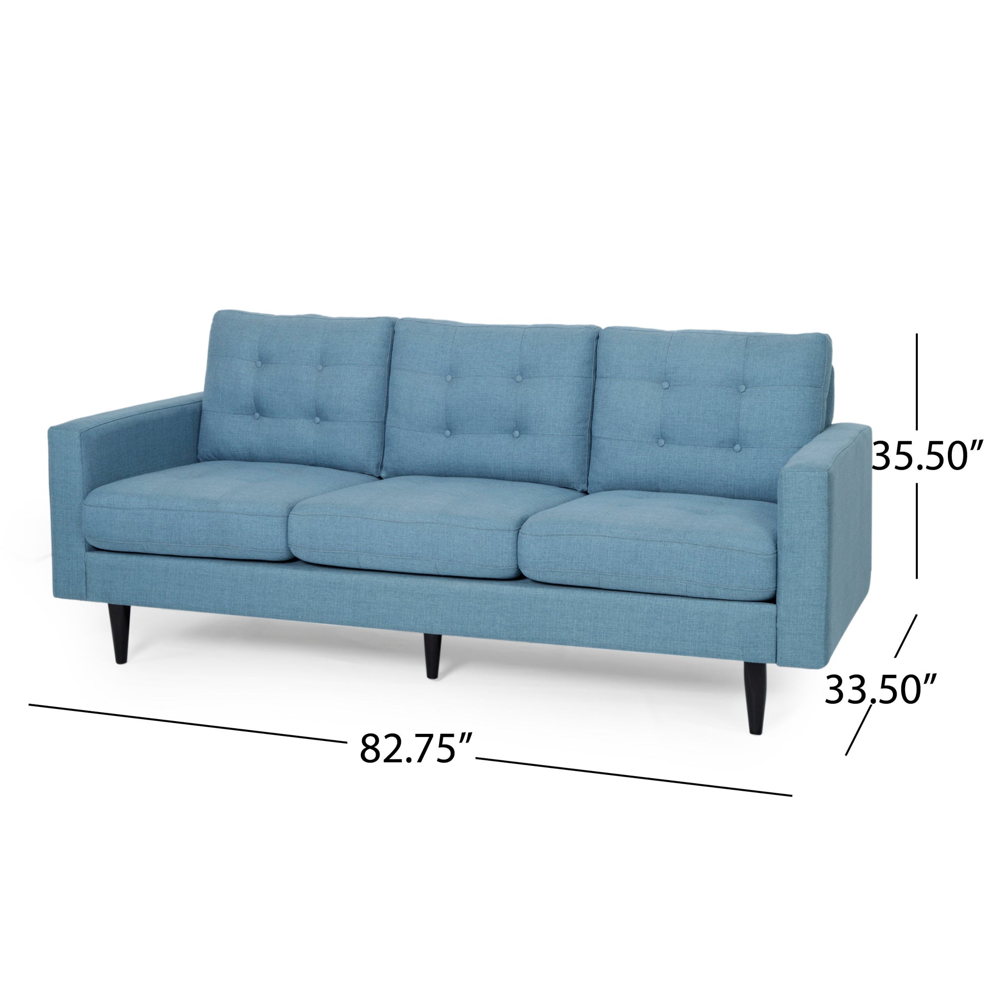 Elegant Blue 3-Seater Sofa, Button Tufted Waffle Stitch, Solid Rubberwood Legs