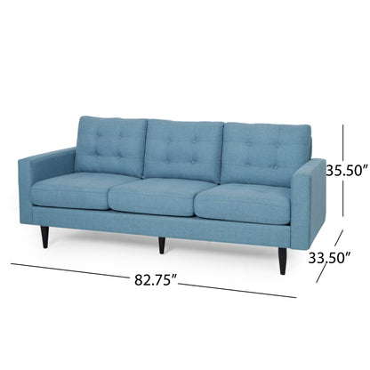 Elegant Blue 3-Seater Sofa, Button Tufted Waffle Stitch, Solid Rubberwood Legs