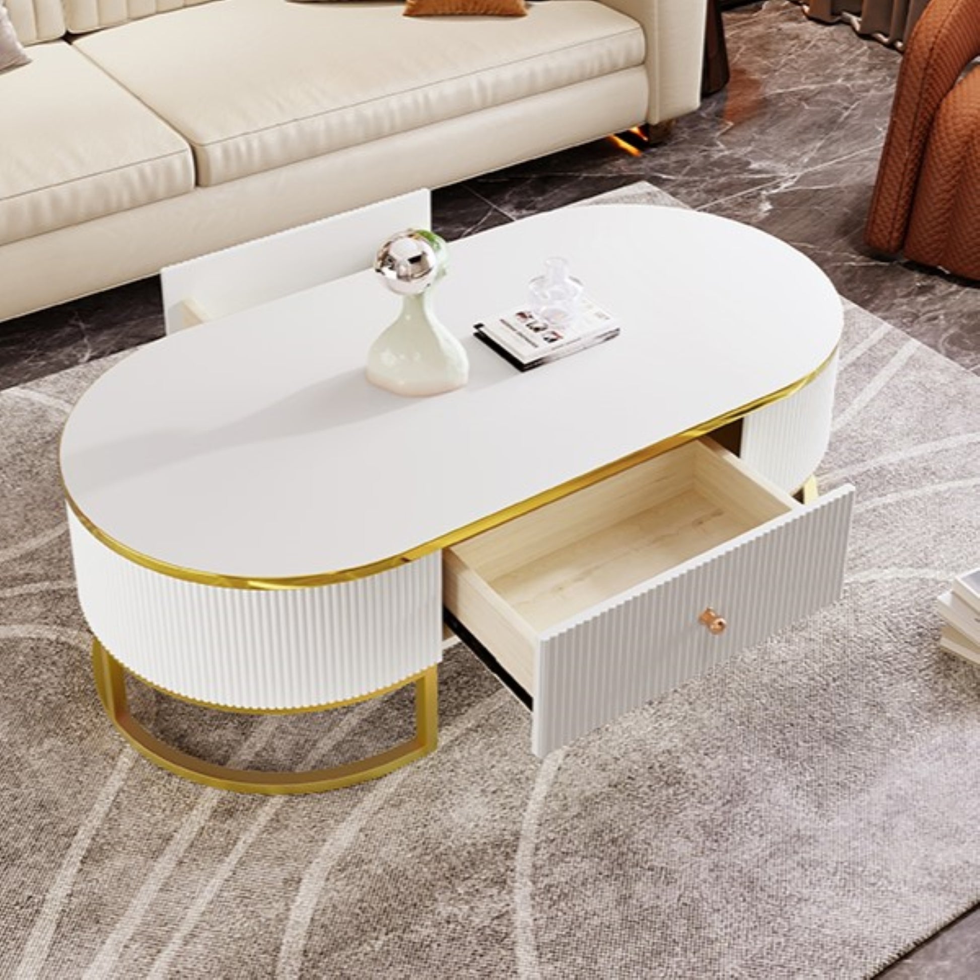 Modern High-Gloss Oval Coffee Table with Storage Drawers, Gold Metal Base, White Finish