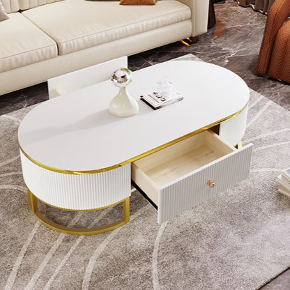 Modern High-Gloss Oval Coffee Table with Storage Drawers, Gold Metal Base, White Finish