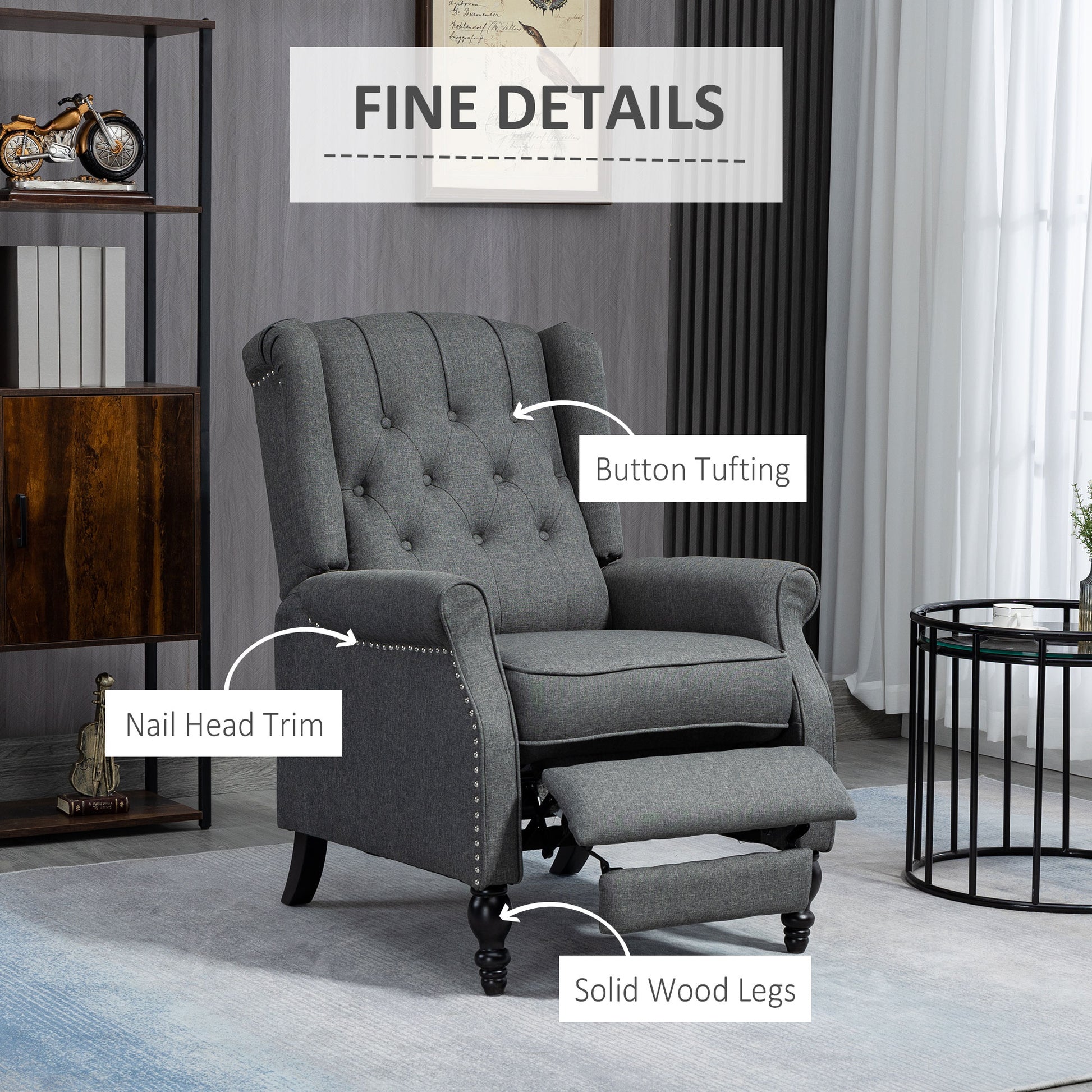 HOMCOM Dark Grey Wingback Push-Back Recliner Chair with Footrest, Tufted Fabric Armchair