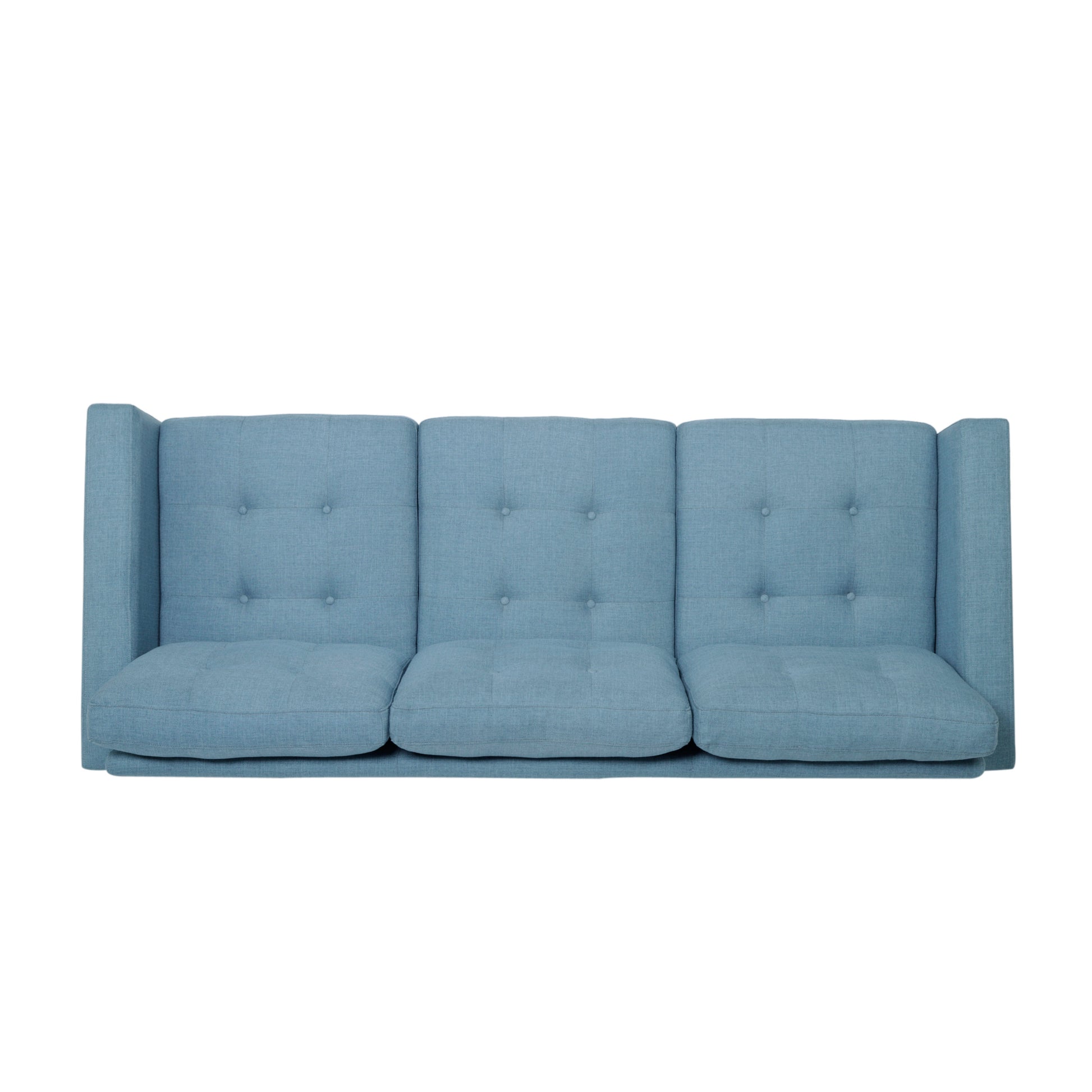 Elegant Blue 3-Seater Sofa, Button Tufted Waffle Stitch, Solid Rubberwood Legs