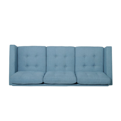 Elegant Blue 3-Seater Sofa, Button Tufted Waffle Stitch, Solid Rubberwood Legs