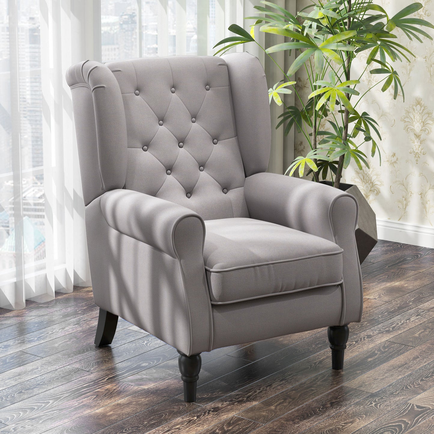 Chic Grey Button-Tufted Wingback Accent Chair with Rolled Arms