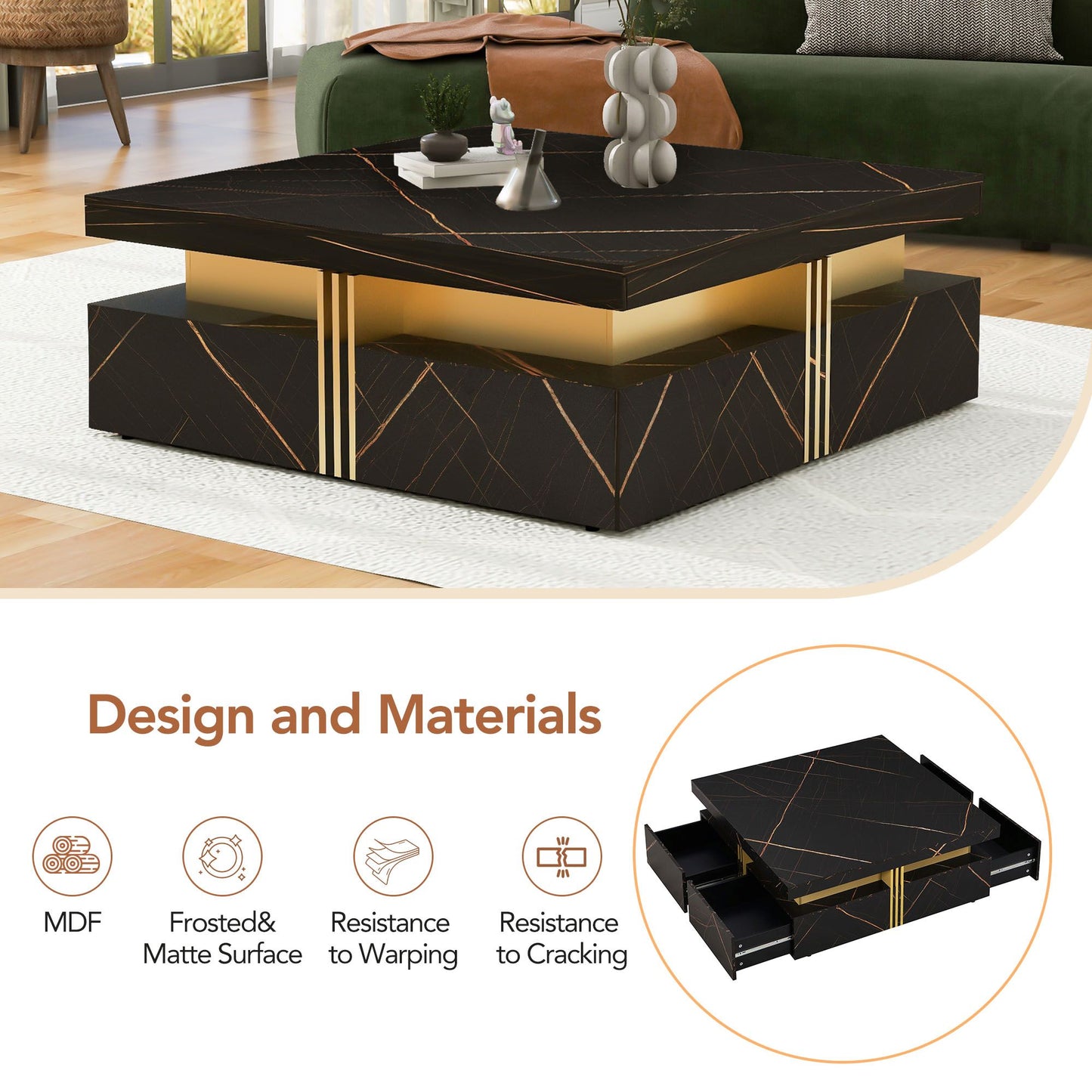 Elegant Black & Gold Modern Square Storage Coffee Table with 4 Drawers