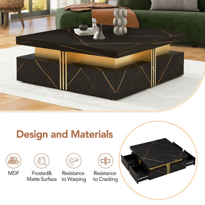 Elegant Black & Gold Modern Square Storage Coffee Table with 4 Drawers