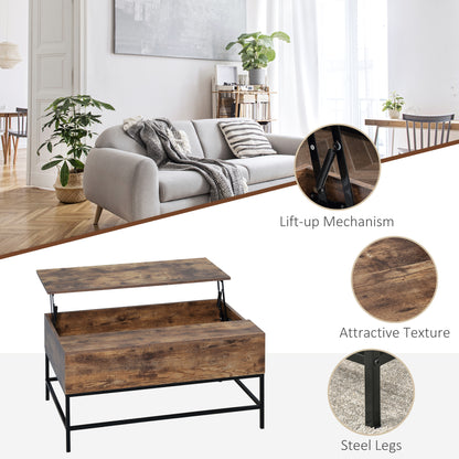 Modern Rustic Brown Lift Top Coffee Table with Hidden Storage, Adjustable Height