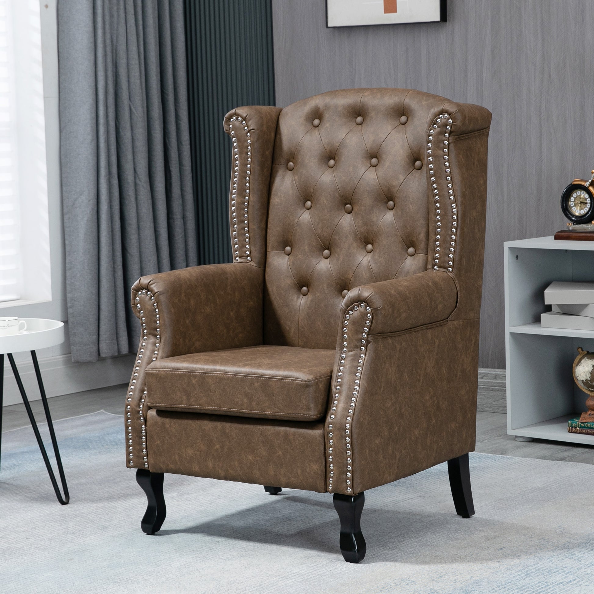 HOMCOM Brown Tufted Chesterfield Lounge Armchair, Faux Leather, Solid Wood Legs